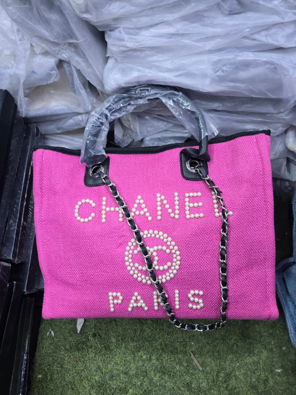 Chain Strap Canvas Tote Bag with Pearl Detailing