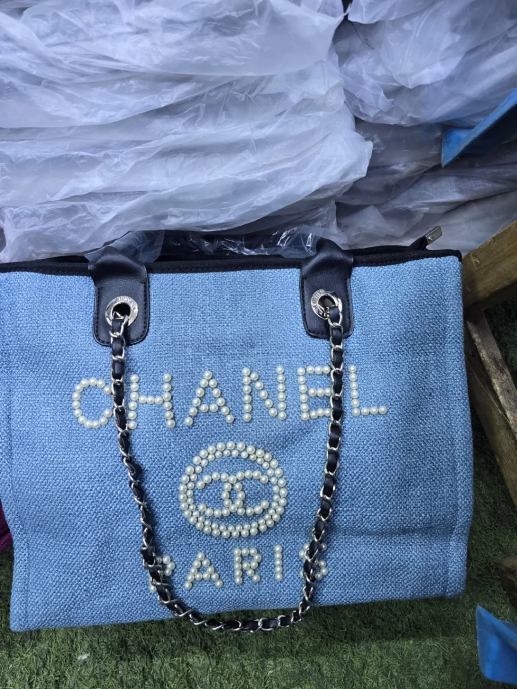 Chain Strap Canvas Tote Bag with Pearl Detailing