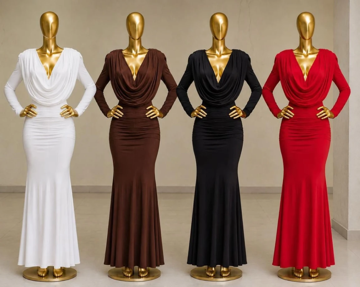 Cowl Neck Long-Sleeve Ruched Maxi Dress