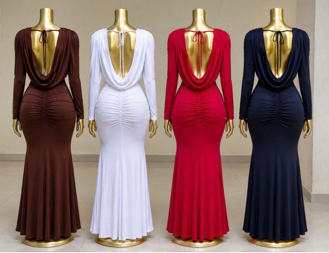 Cowl Neck Long-Sleeve Ruched Maxi Dress