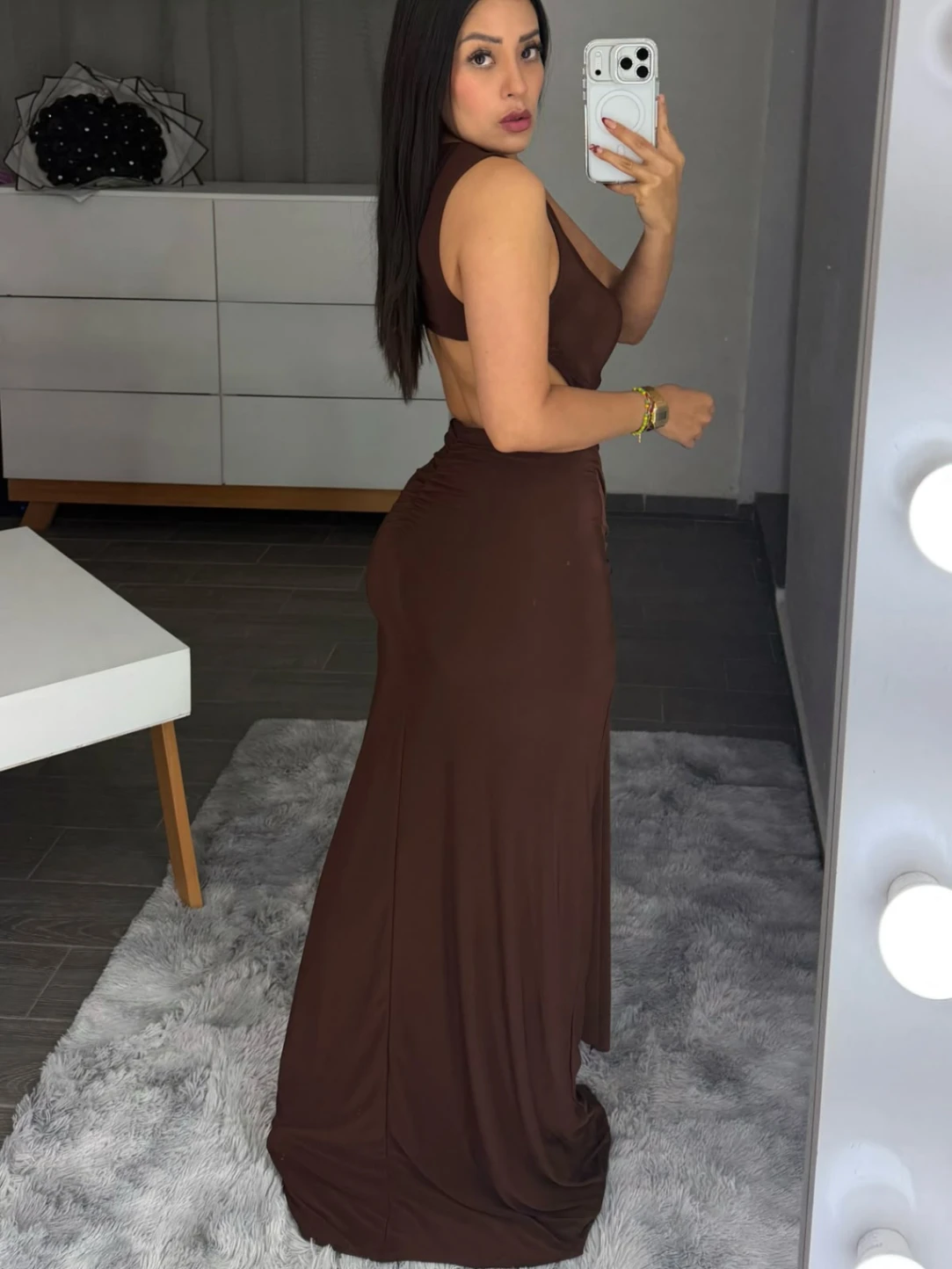 Crewneck Cutout Long Dress with Front Drape Detail