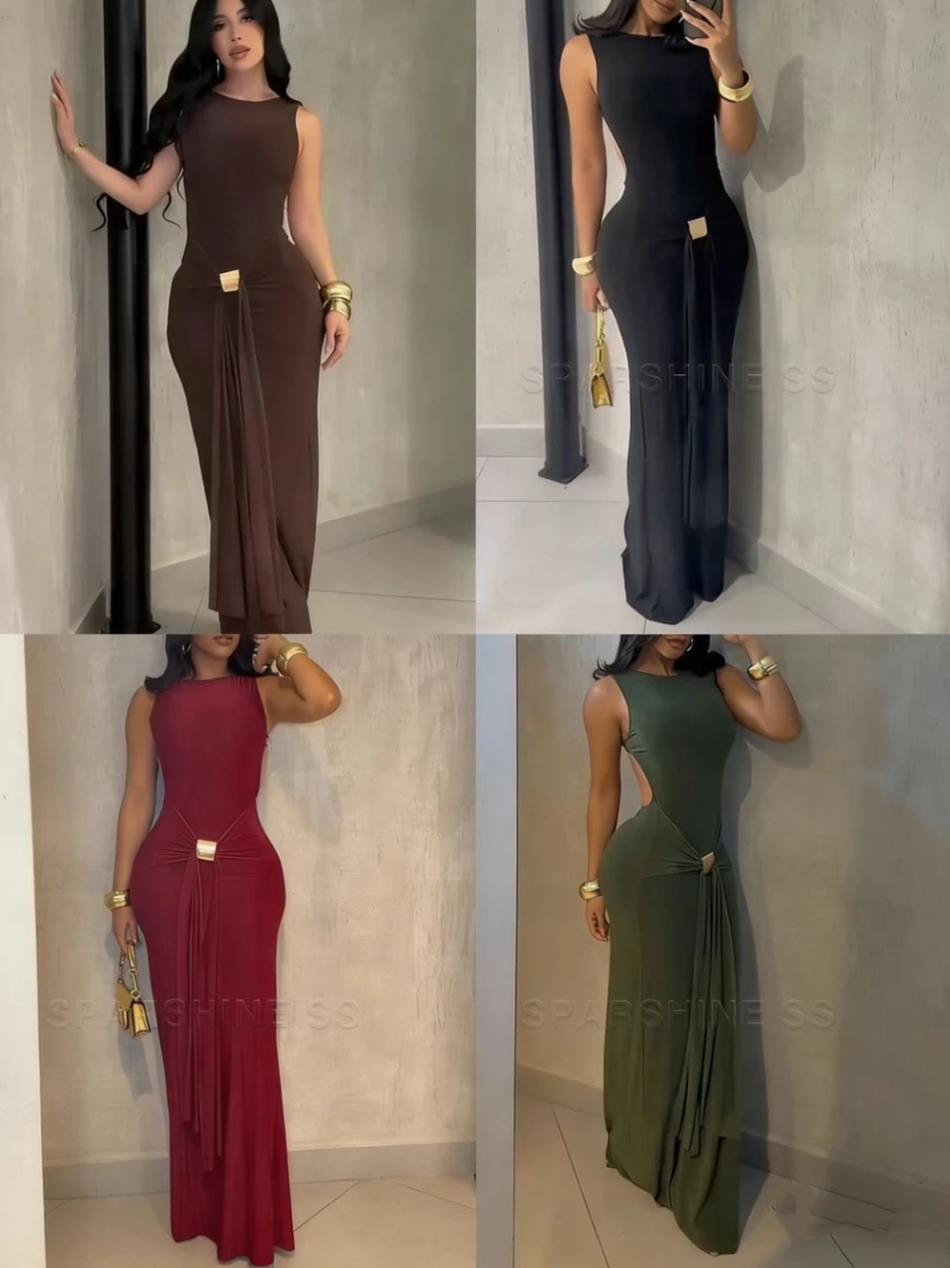 Crewneck Cutout Long Dress with Front Drape Detail