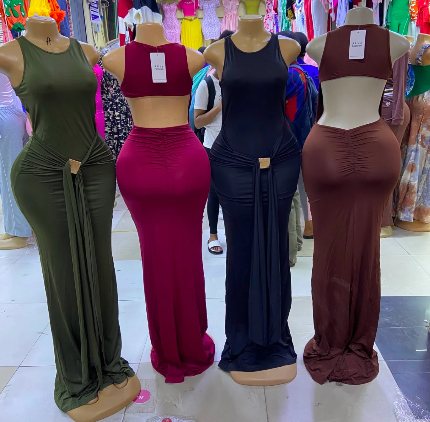 Crewneck Cutout Long Dress with Front Drape Detail