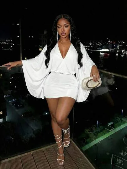 Elegant Deep V Neck Batwing Sleeve Loose Bodycon Mini Dress