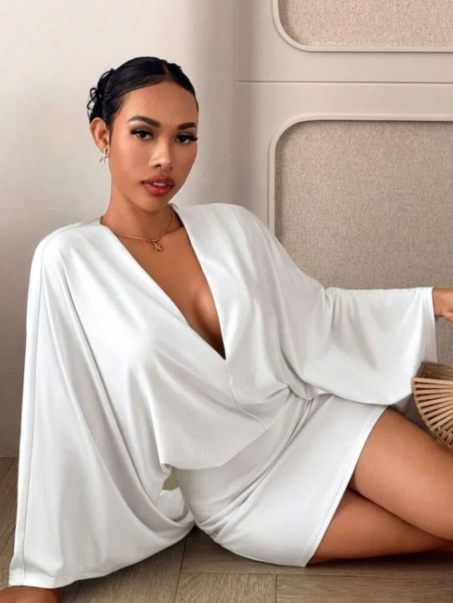 Elegant Deep V Neck Batwing Sleeve Loose Bodycon Mini Dress
