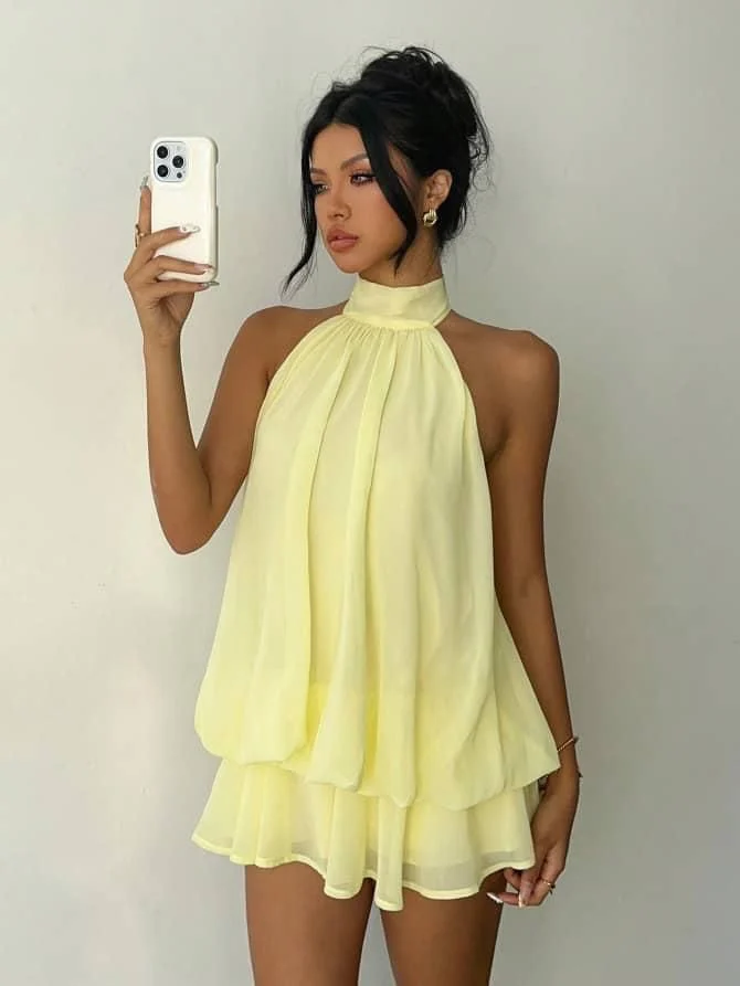 Flowy Romper Dress with High Neck