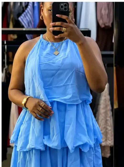 halter neck ruffle tiered mini dress