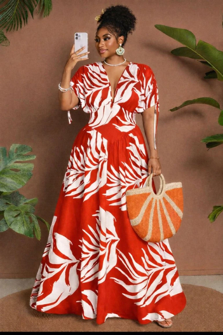 HighWaist Botanical Print Kaftan Maxi Dress