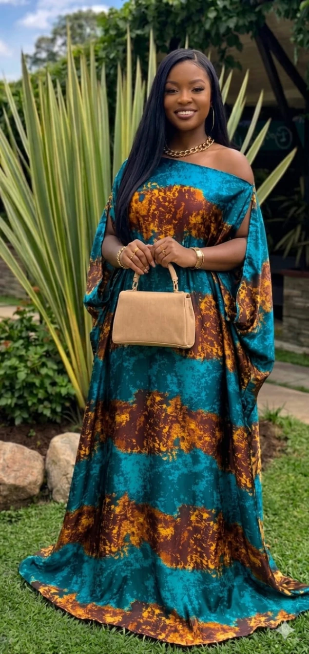 Off Shoulder Silk Kaftan Maxi Dress