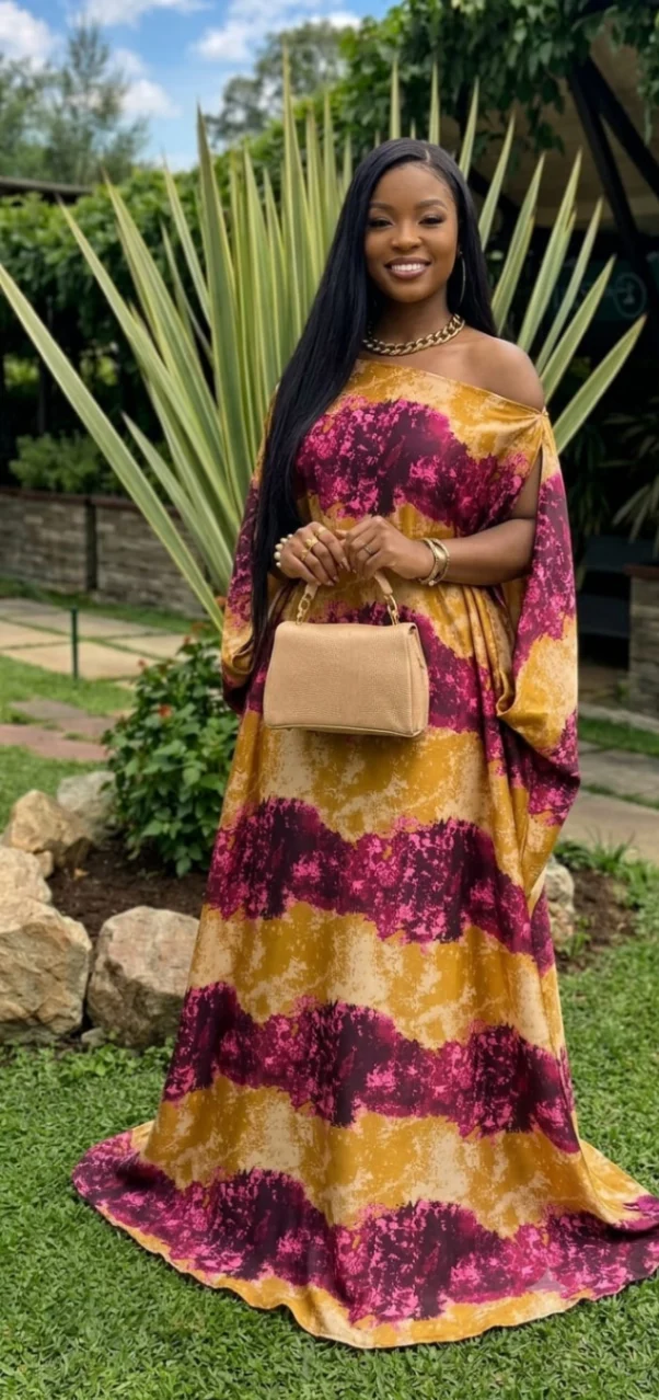 Off Shoulder Silk Kaftan Maxi Dress