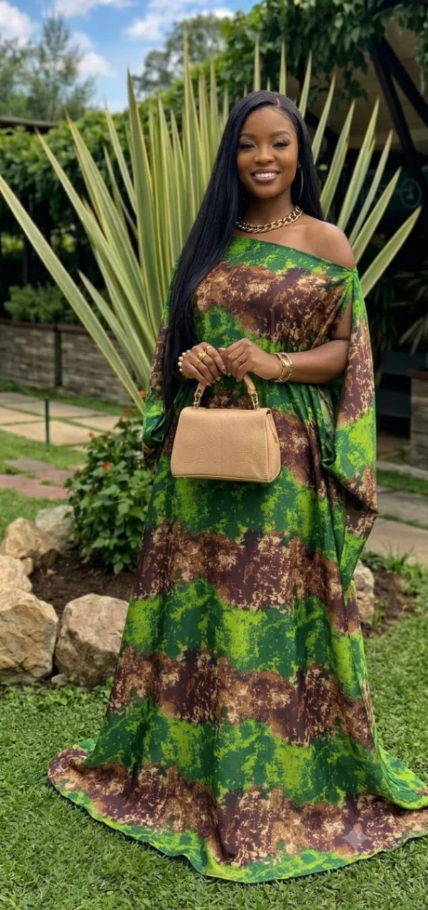 Off Shoulder Silk Kaftan Maxi Dress