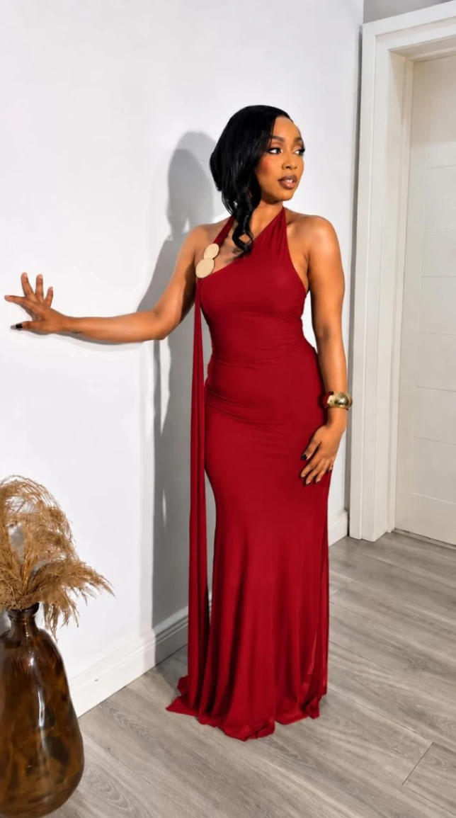 One-Shoulder Halter Maxi Dress with Shell Detail