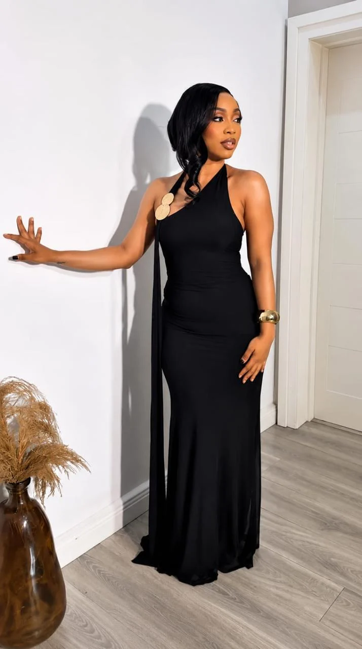 One-Shoulder Halter Maxi Dress with Shell Detail