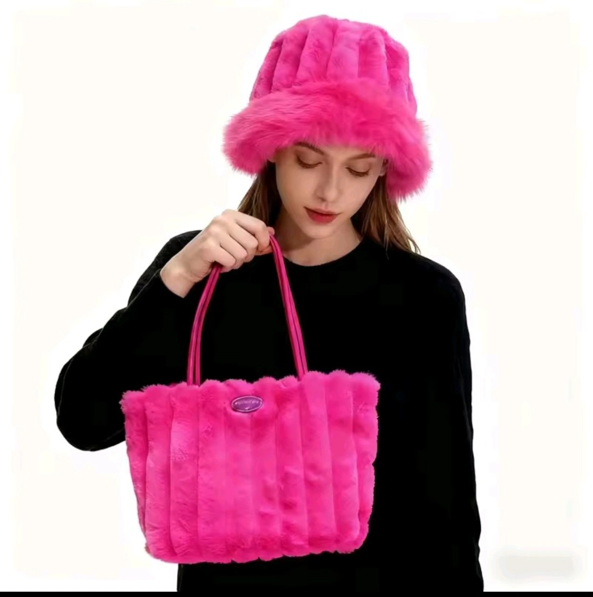 Plush Ribbed Faux Fur Tote Bag