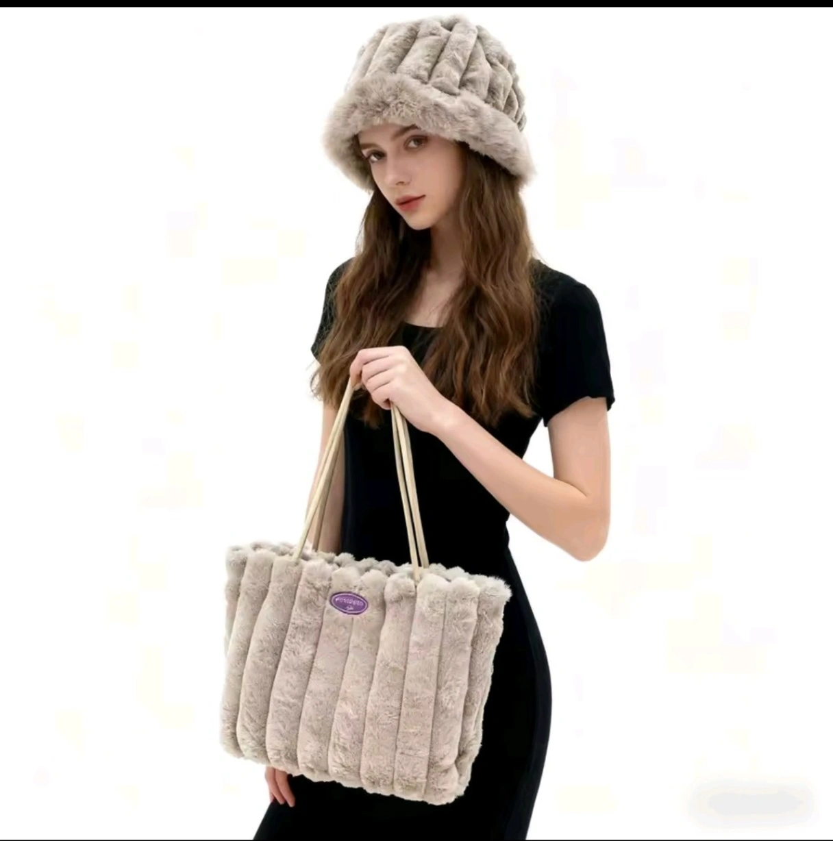 Plush Ribbed Faux Fur Tote Bag