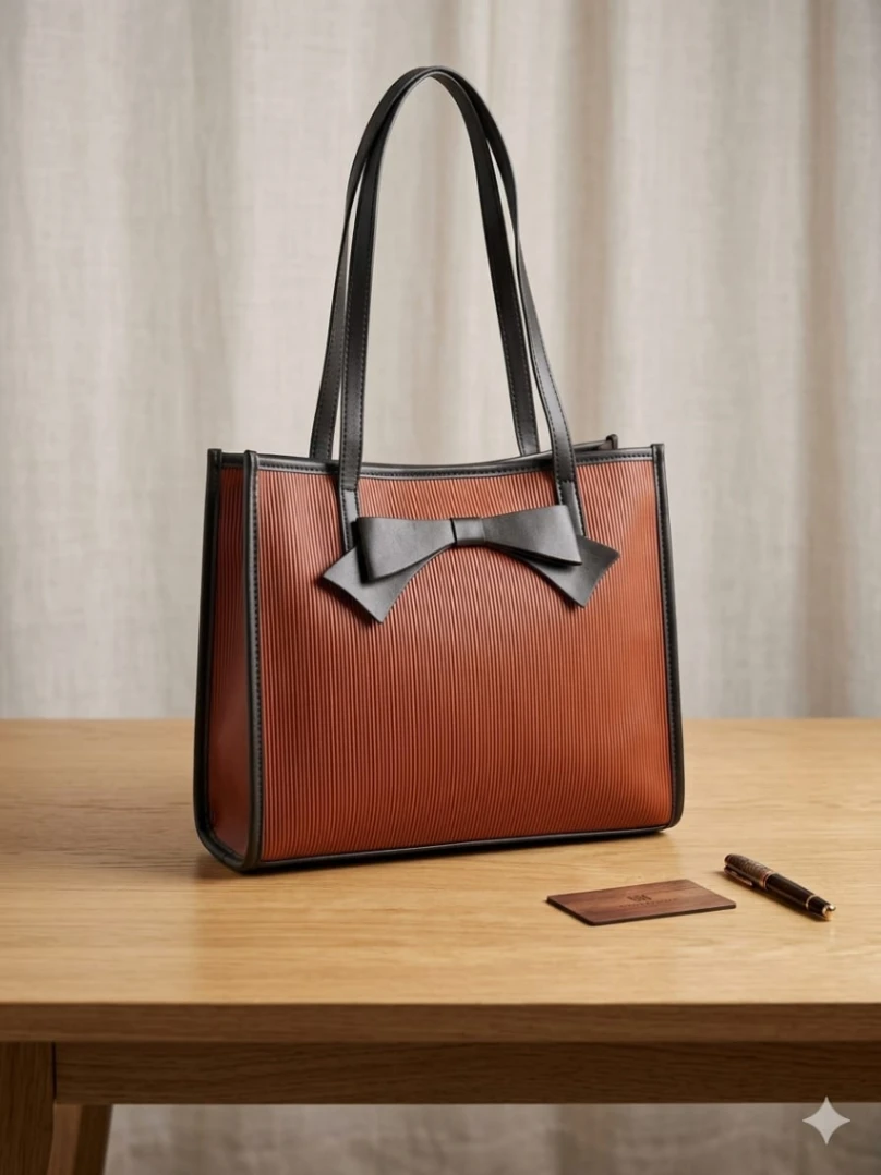 Ribbed Texture Bow Tote Bag