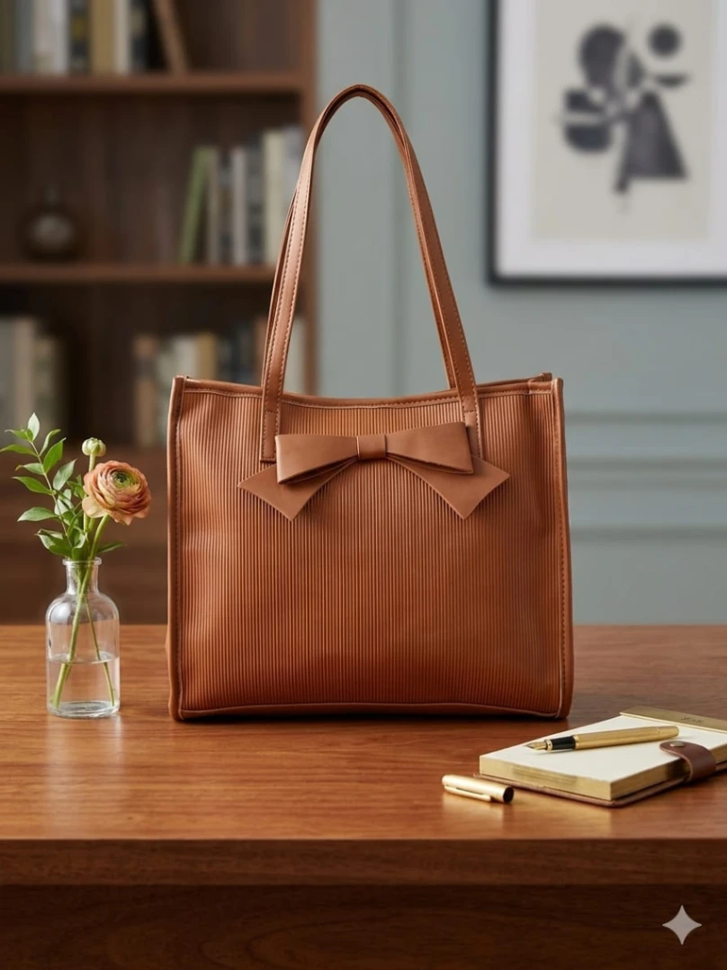 Ribbed Texture Bow Tote Bag