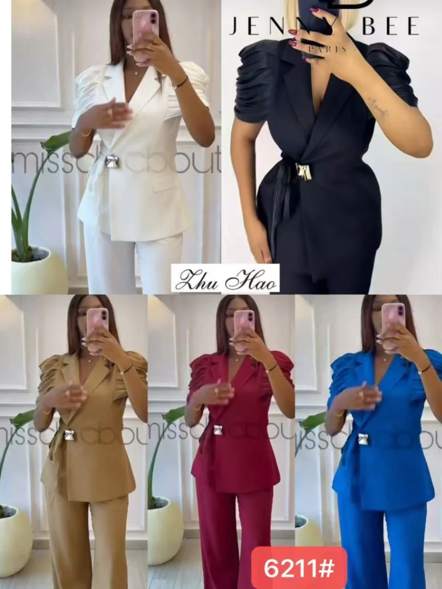 Short Sleeve Blazer and Wide-Leg Pants Set