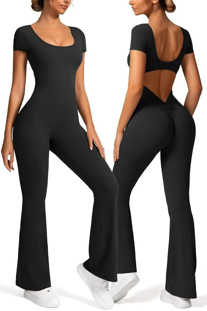 Short-Sleeve Open-Back Flared Jumpsuit