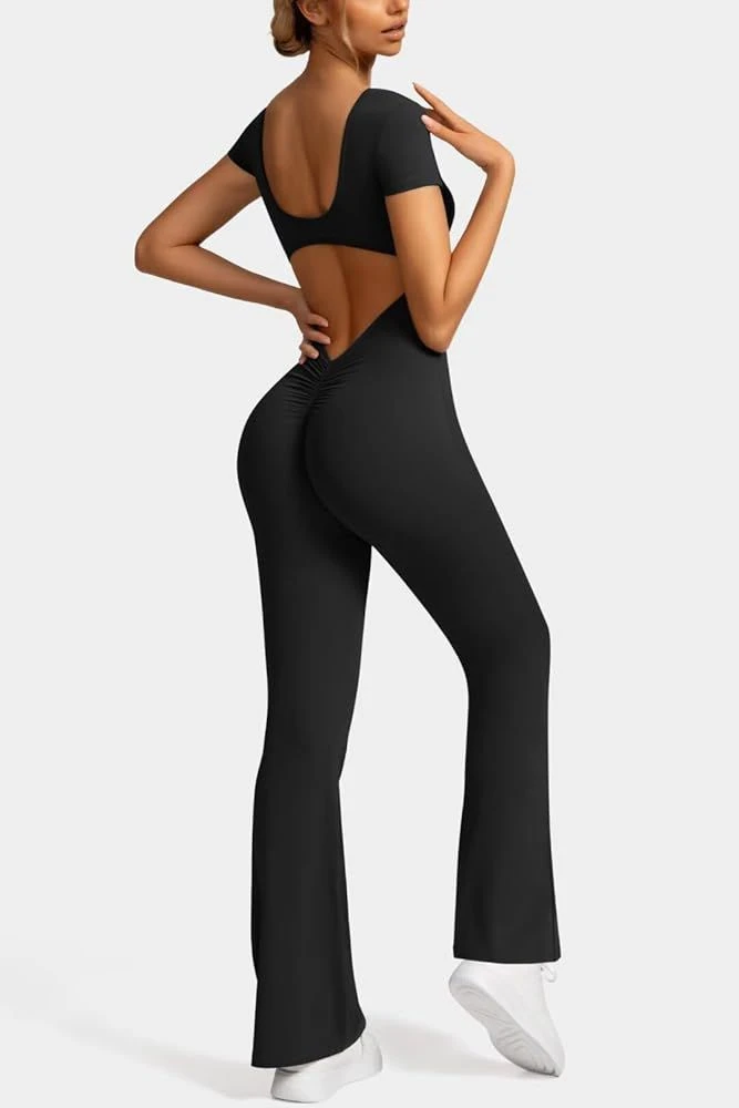 Short-Sleeve Open-Back Flared Jumpsuit