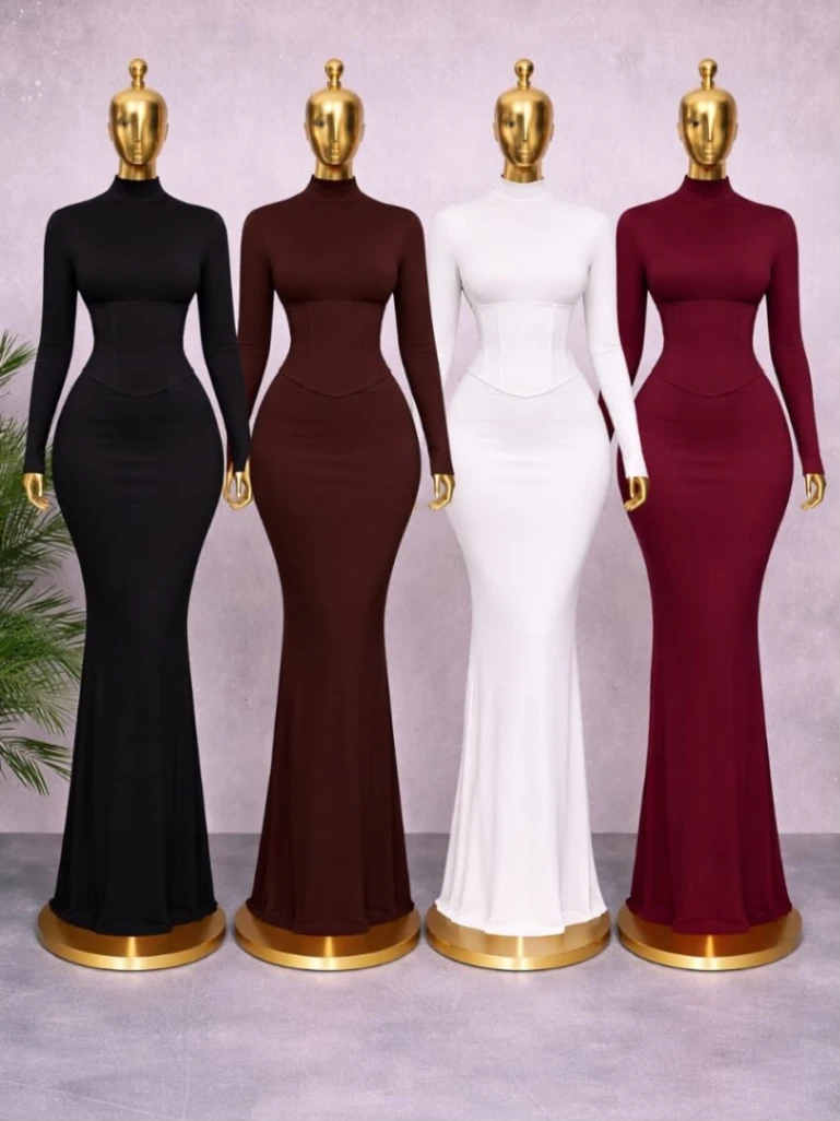 Solid Color Long Sleeve Bodycon Dress with Waisted Corset Shaper