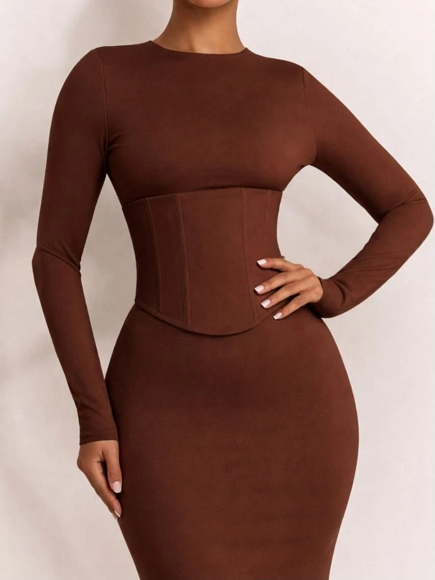 Solid Color Long Sleeve Bodycon Dress with Waisted Corset Shaper