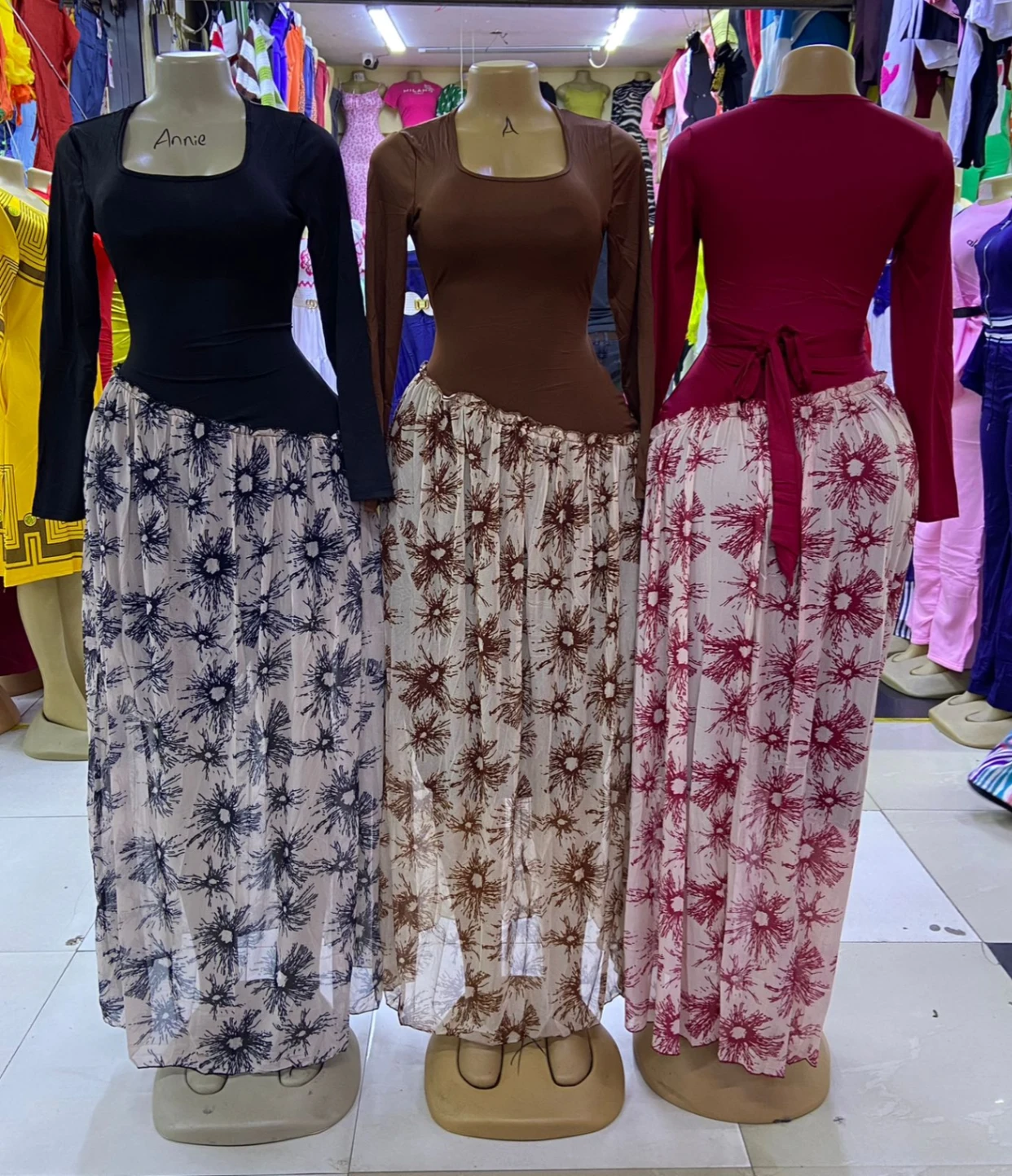 Square Neck Long Sleeve Maxi Dress with Floral Print Skirt