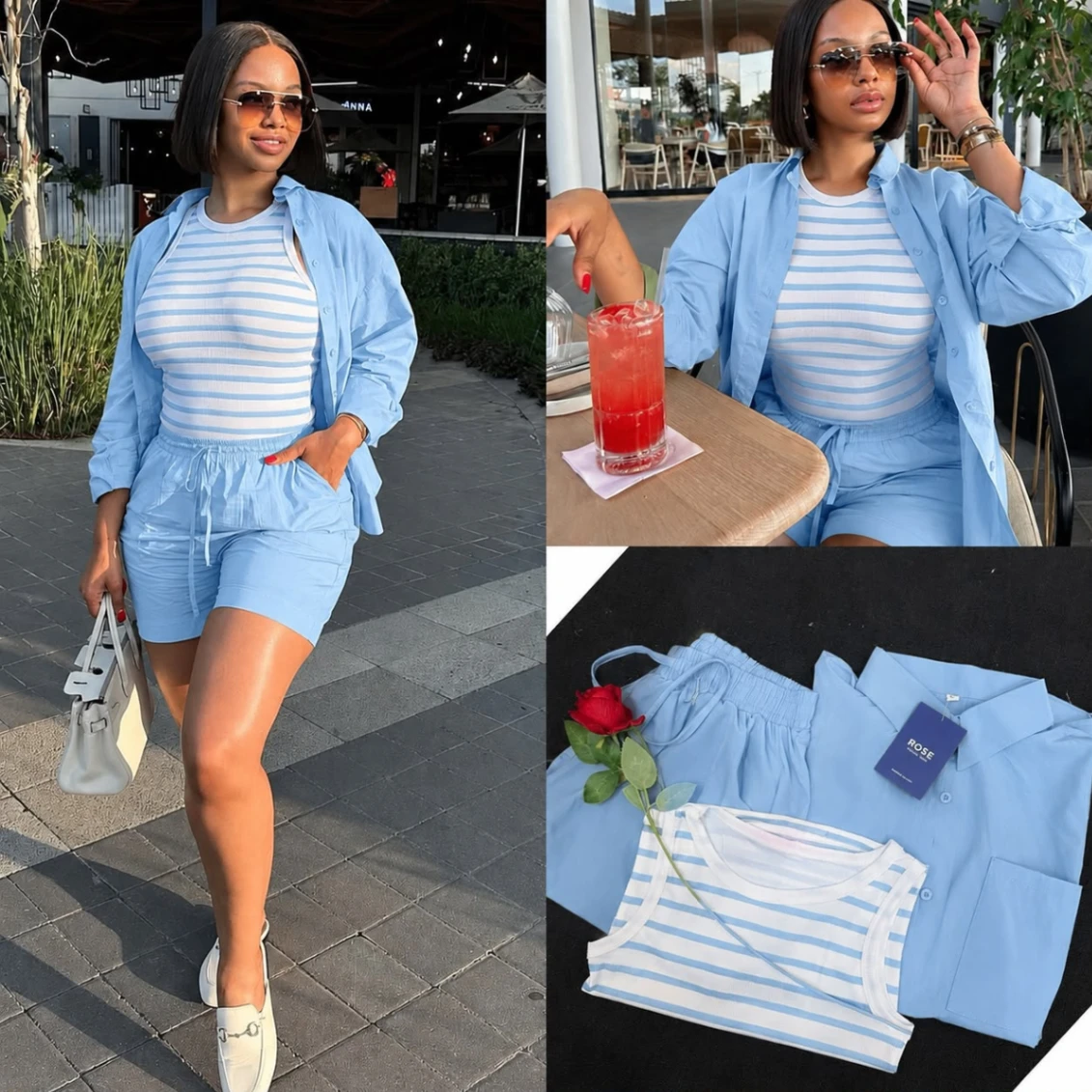 Summer Co-ord Set – Long Sleeve Shirt Drawstring Shorts and Striped Vest