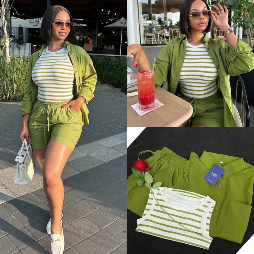 Summer Co-ord Set – Long Sleeve Shirt Drawstring Shorts and Striped Vest