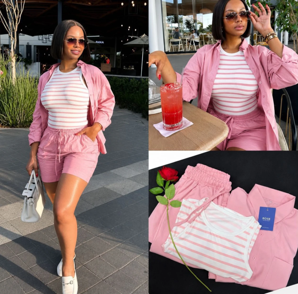 Summer Co-ord Set – Long Sleeve Shirt Drawstring Shorts and Striped Vest