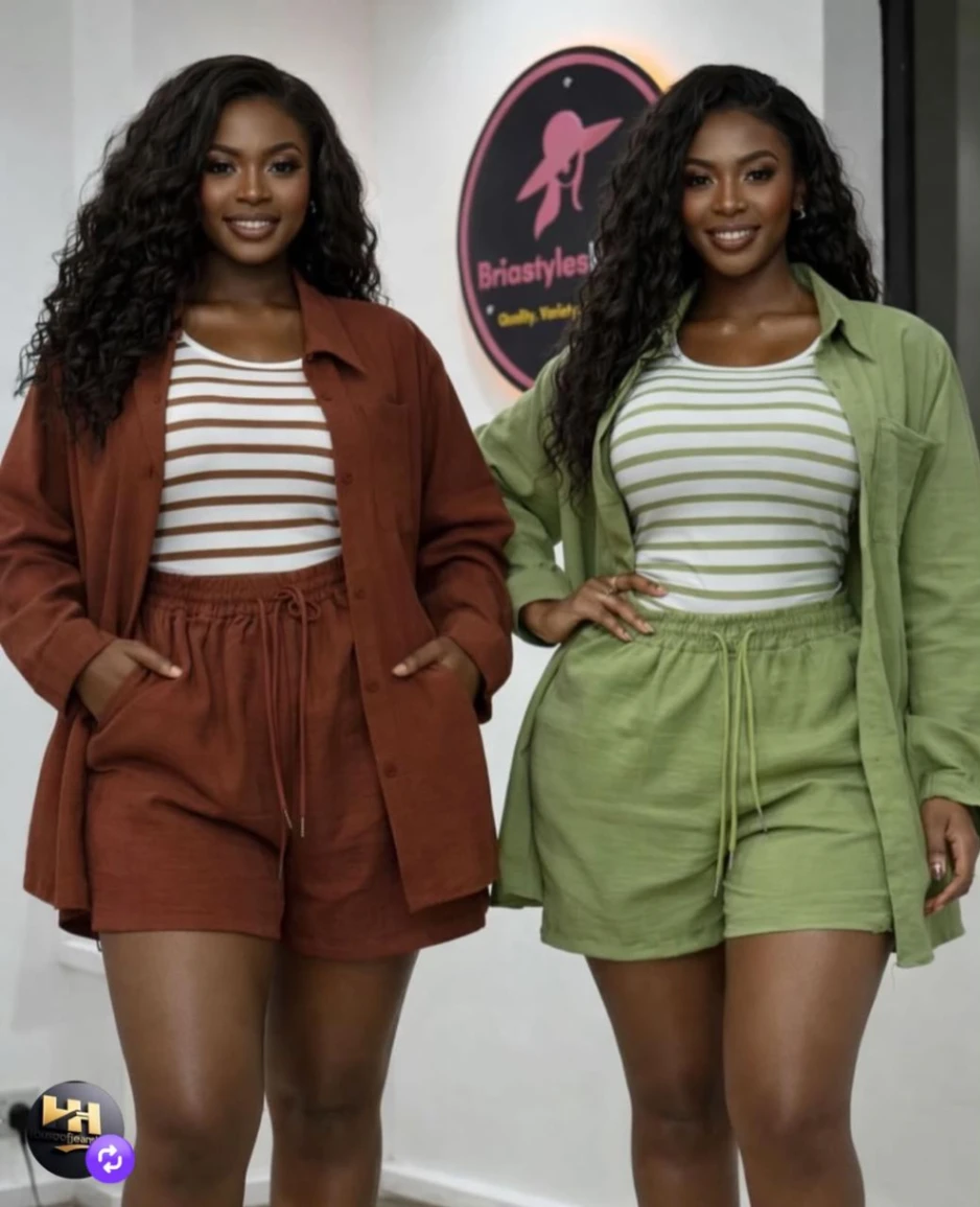 Summer Co-ord Set – Long Sleeve Shirt Drawstring Shorts and Striped Vest