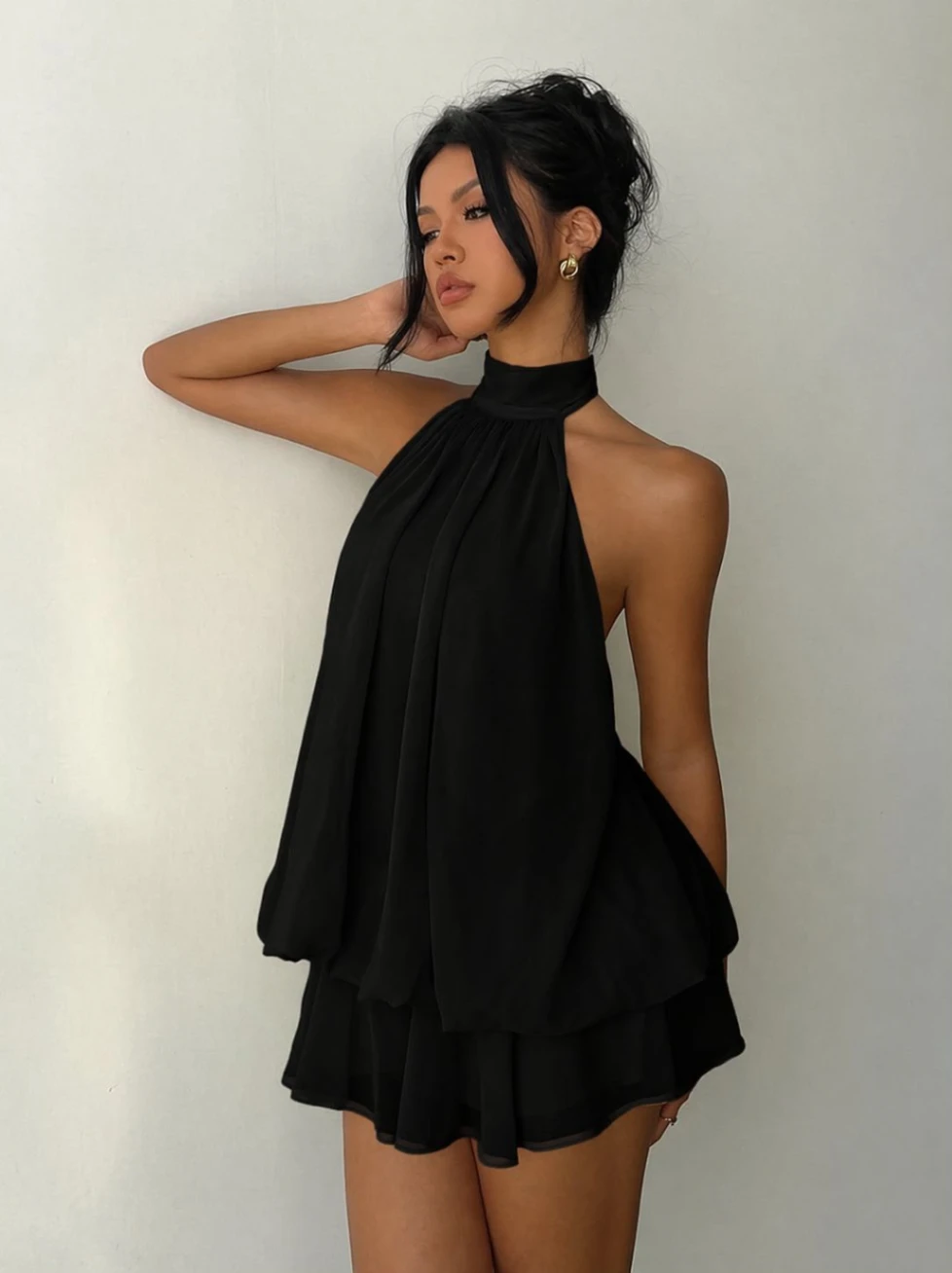 Tiered Ruffle Halter Neck Chiffon Mini Dress