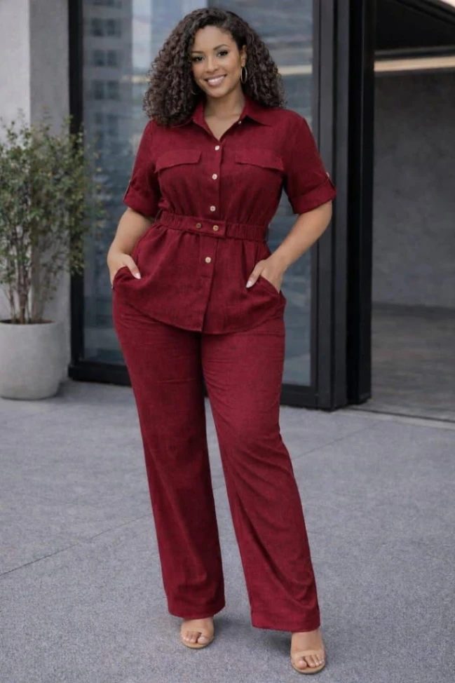 Women's 2 Piece Button Down Shirt & Wide-Leg Pants Set