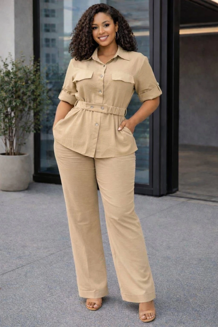 Women's 2 Piece Button Down Shirt & Wide-Leg Pants Set