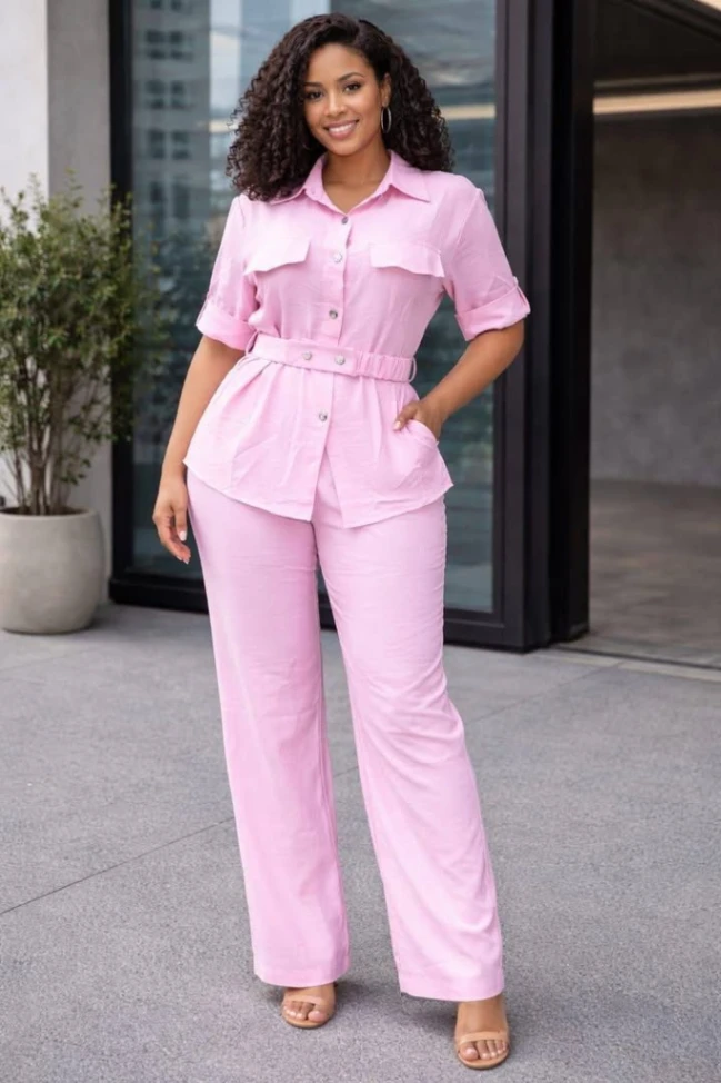 Women's 2 Piece Button Down Shirt & Wide-Leg Pants Set