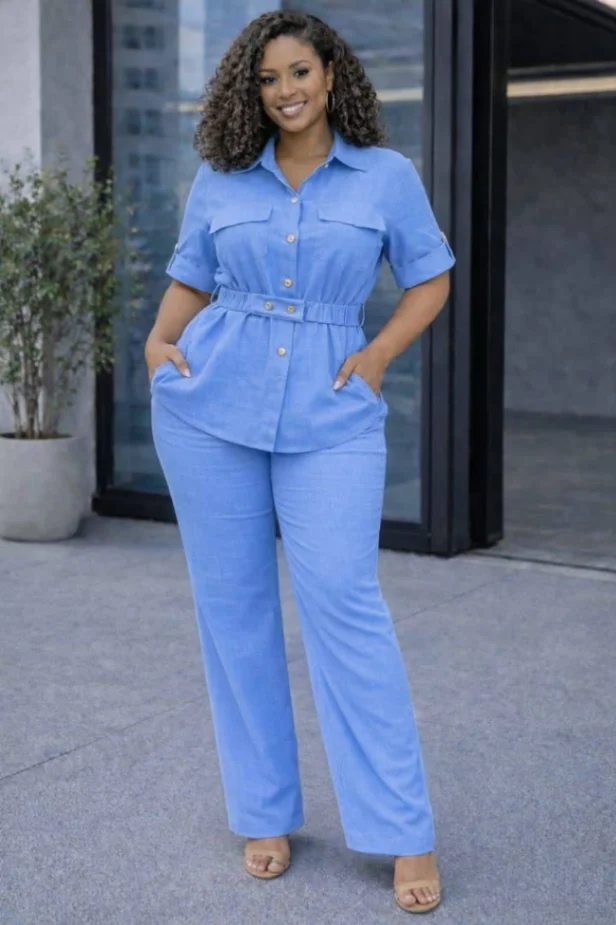 Women's 2 Piece Button Down Shirt & Wide-Leg Pants Set