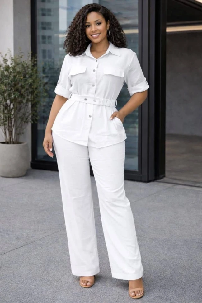 Women's 2 Piece Button Down Shirt & Wide-Leg Pants Set