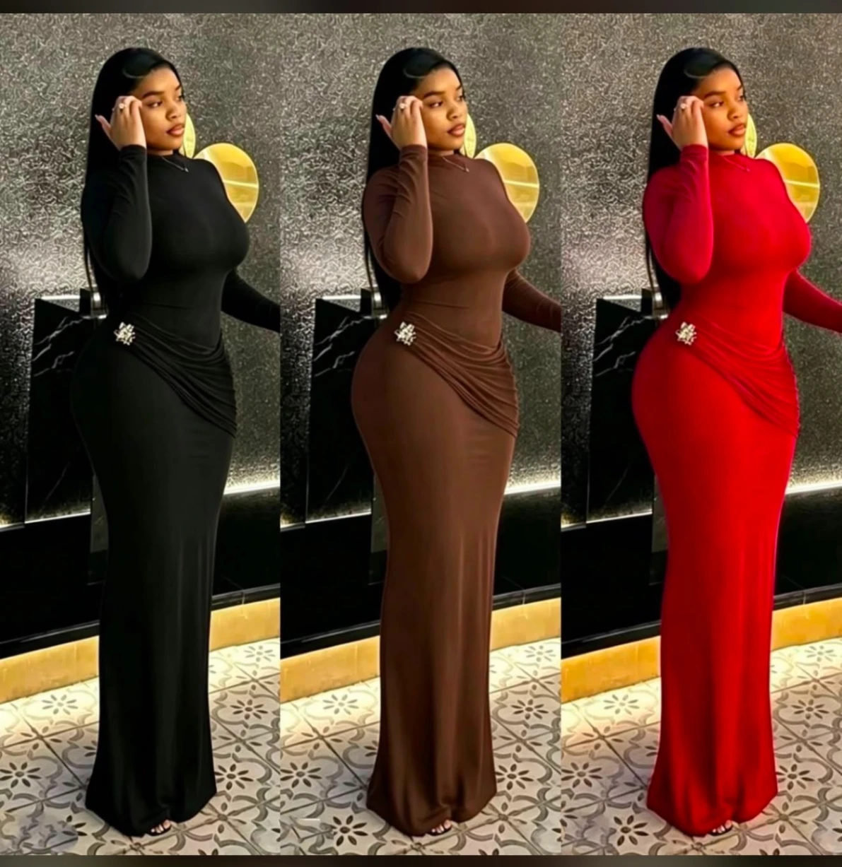 Women's Elegant Stand Collar Long Sleeve High Split Maxi Dress