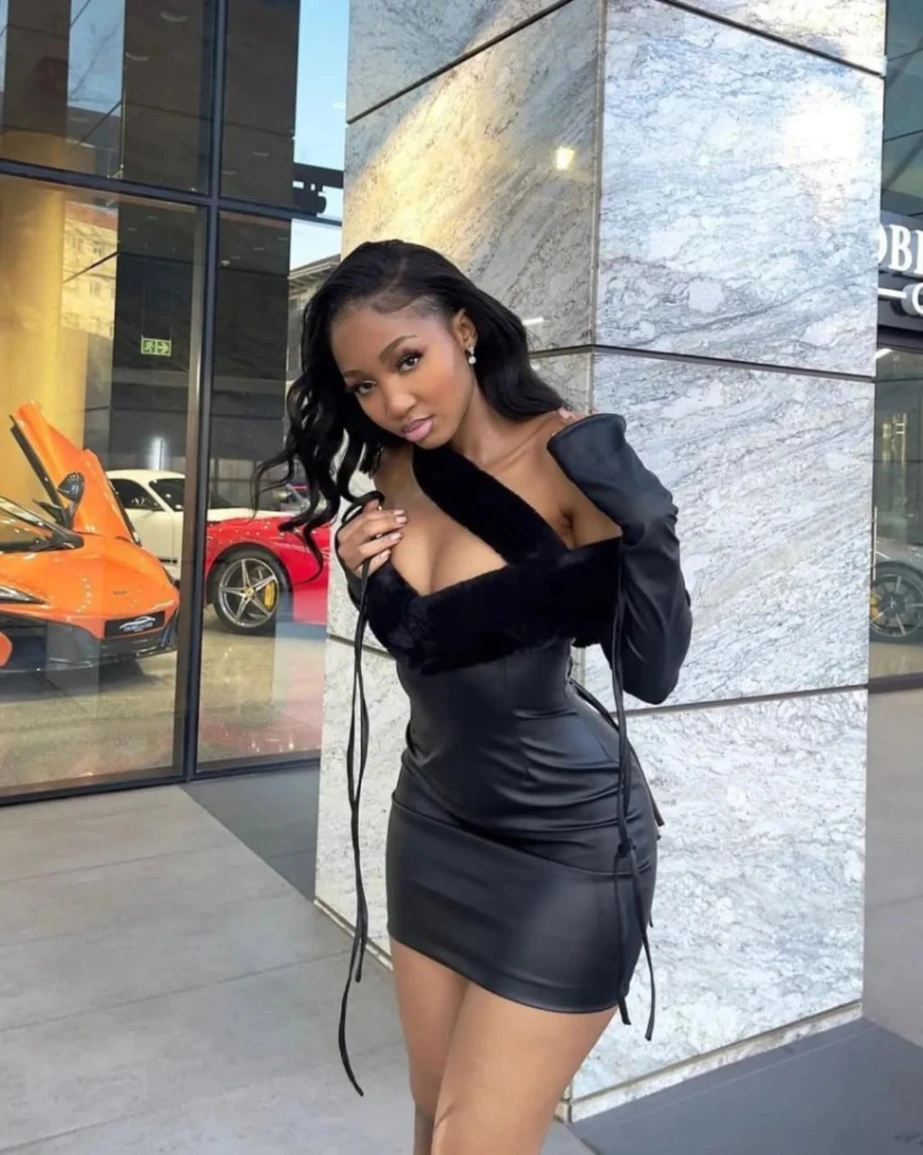 Women's Off Shoulder Faux Leather Mini Dress with Faux Fur Trim
